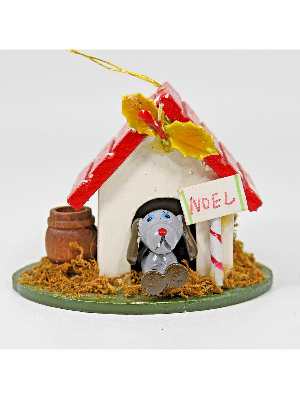 Dog in Dog House Wood Christmas Ornament Noel Vintage Germany Hand Painted Noel